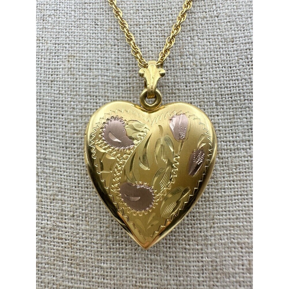 Vintage 12K Gold Filled Heart Locket Pendant Necklace Etched Floral 18”